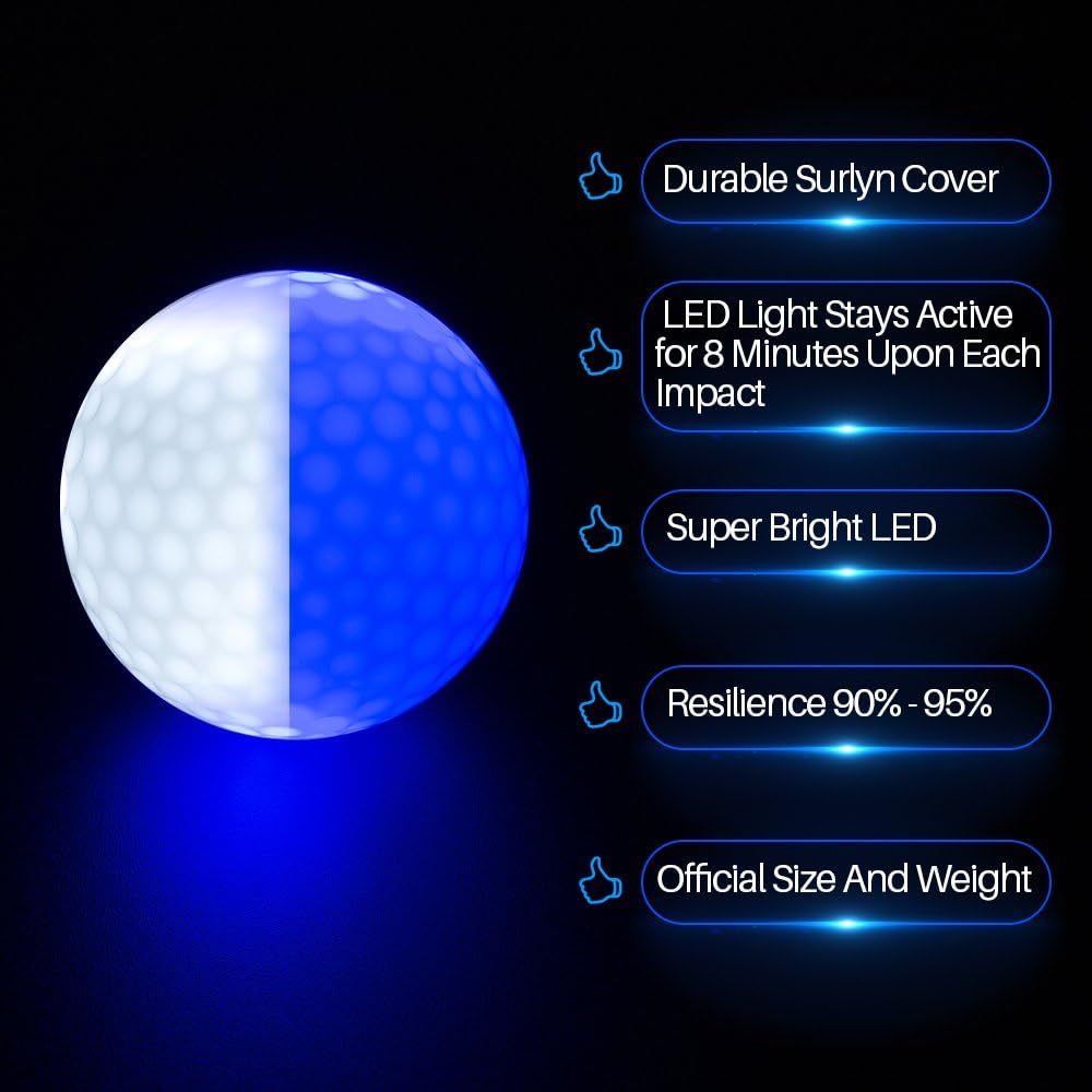 Illuminated Golf Balls for Night Play - Multi-Color Pack of 6 (Blue, Orange, Red, White, Green, Pink)