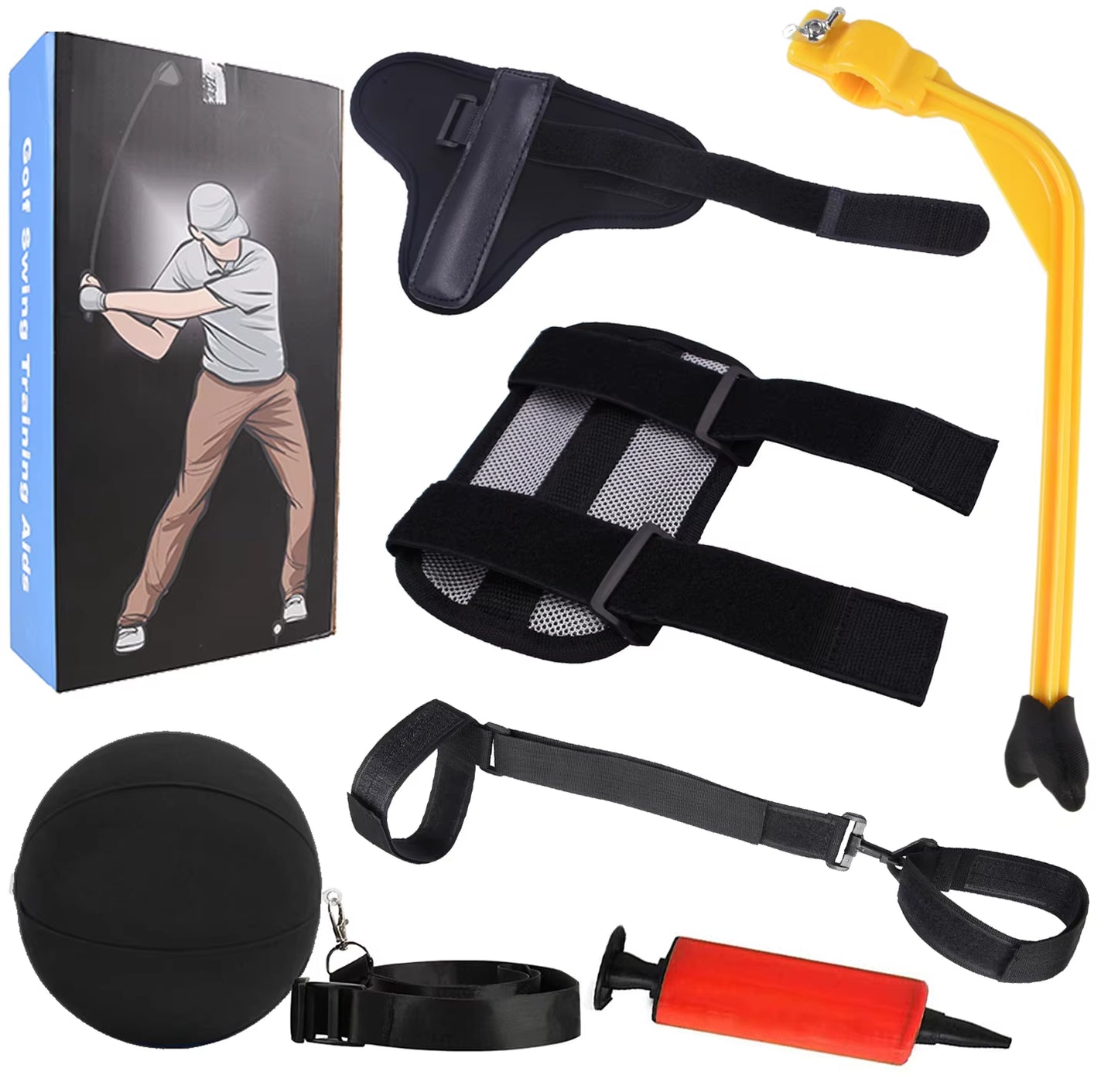 Professional Golf Swing Training Aids Set - 5-Piece Combo Including Arm Band, Elbow Corrector, Wrist Hinge Trainer, Wrist Brace, and Leg Rod Corrector