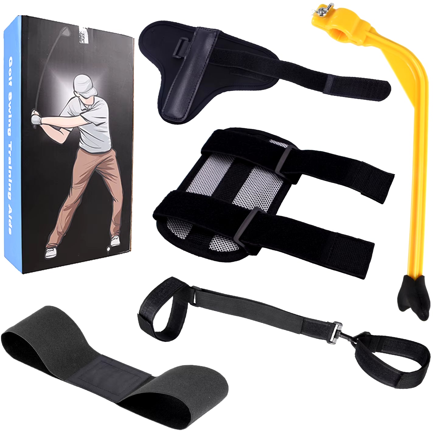 Professional Golf Swing Training Aids Set - 5-Piece Combo Including Arm Band, Elbow Corrector, Wrist Hinge Trainer, Wrist Brace, and Leg Rod Corrector