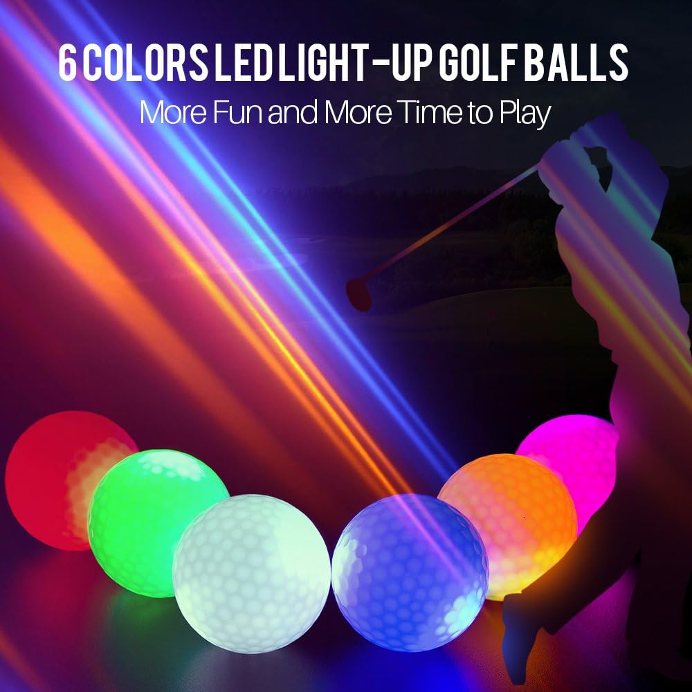 Illuminated Golf Balls for Night Play - Multi-Color Pack of 6 (Blue, Orange, Red, White, Green, Pink)