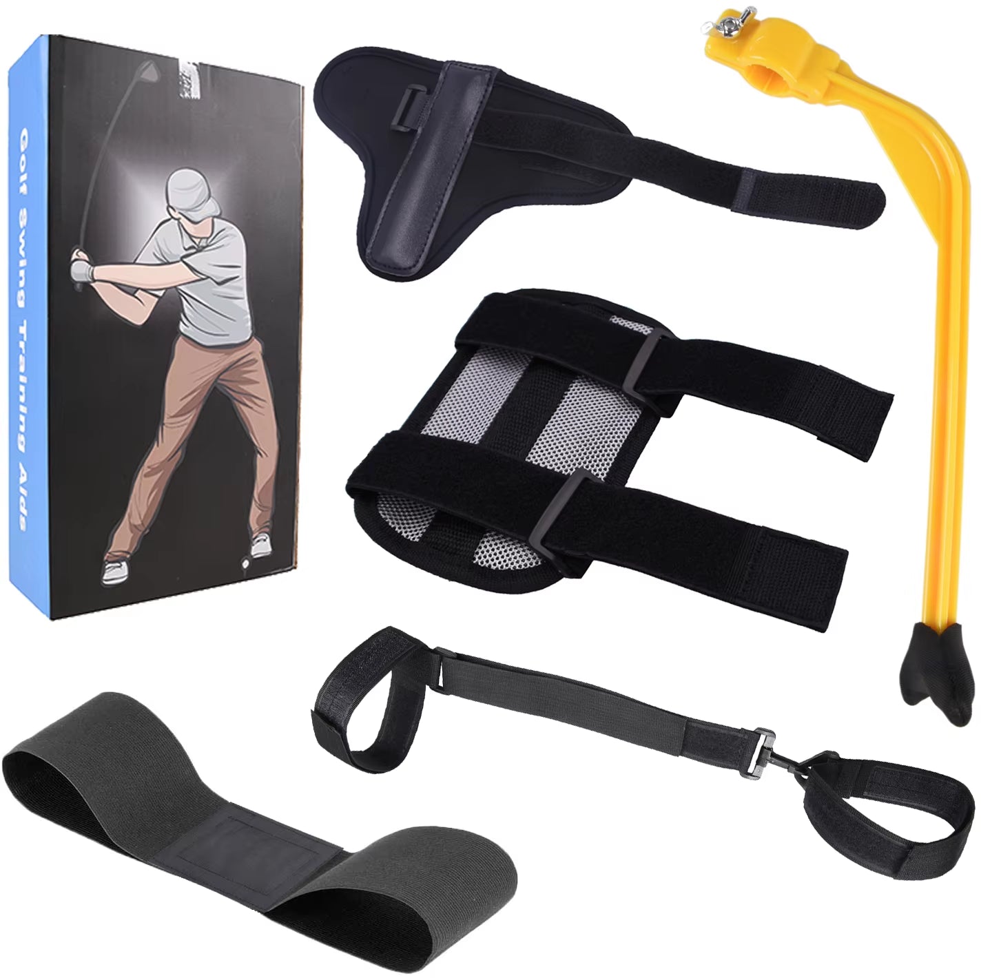 Professional Golf Swing Training Aids Set - 5-Piece Combo Including Arm Band, Elbow Corrector, Wrist Hinge Trainer, Wrist Brace, and Leg Rod Corrector